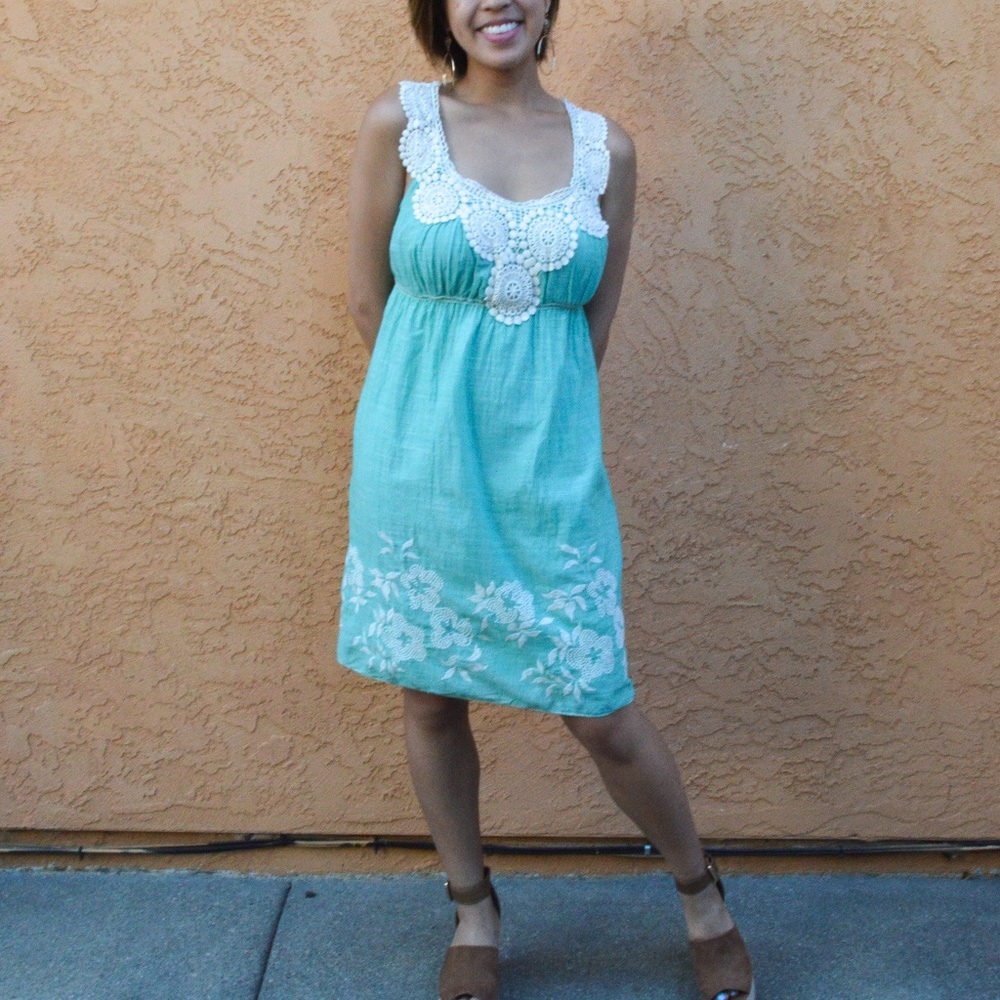 Studio M Aqua and White Embroidered Dress
